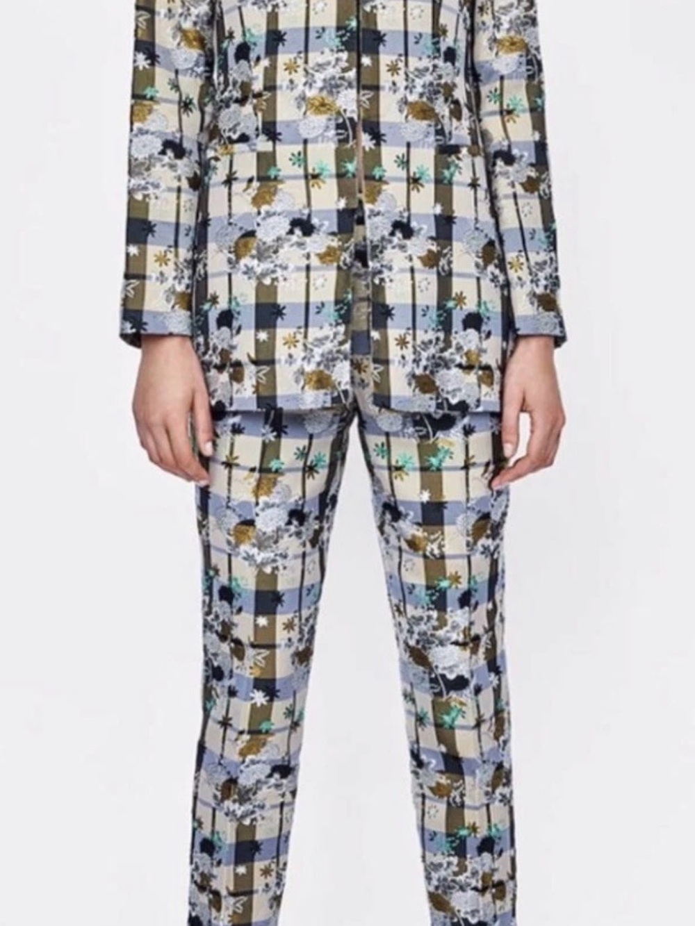 Zara Checked Floral Straight-Leg Trousers in Beige, Blue & Black